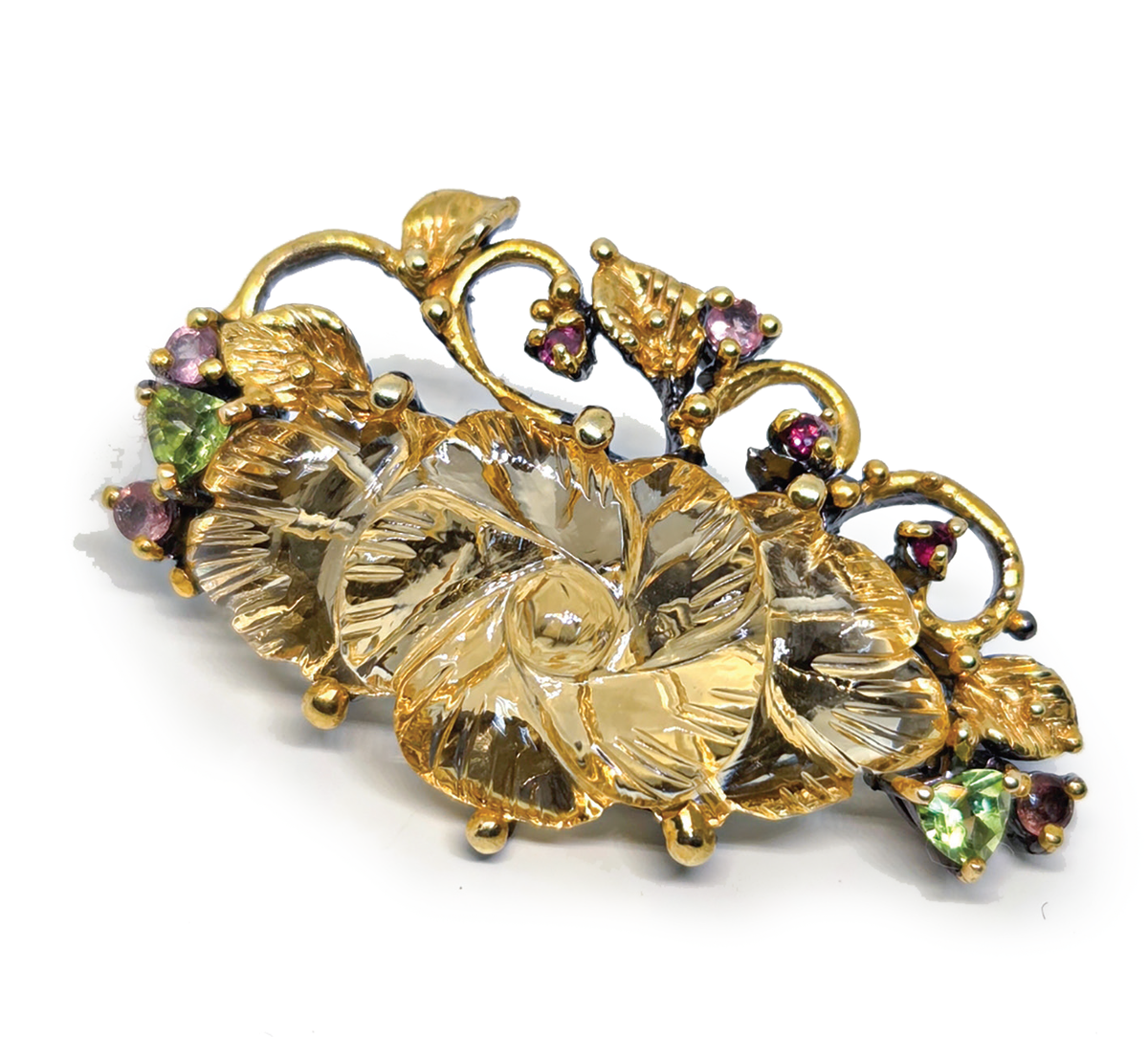 Брошь-кулон, цитрин, глиптика, турмалин, серебро