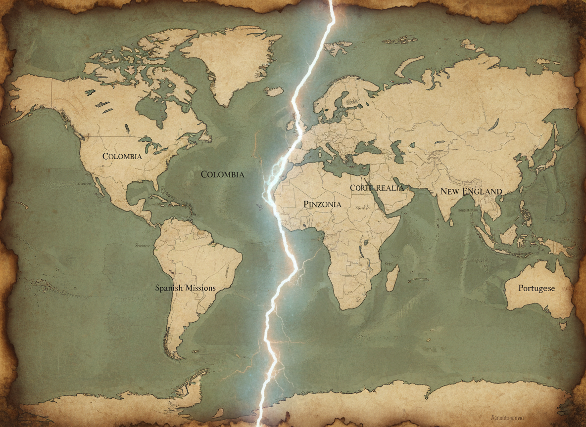 Посмотрите внимательно на эту карту. Слева — наш мир, где Колумб открыл Америку, а испанский язык стал родным для полконтинента. Справа — мир, где экспедицию возглавили братья Пинсоны, а столица США называется Пинзония. Между ними — только трещина, один шторм и три недели пути в октябре 1492-го.