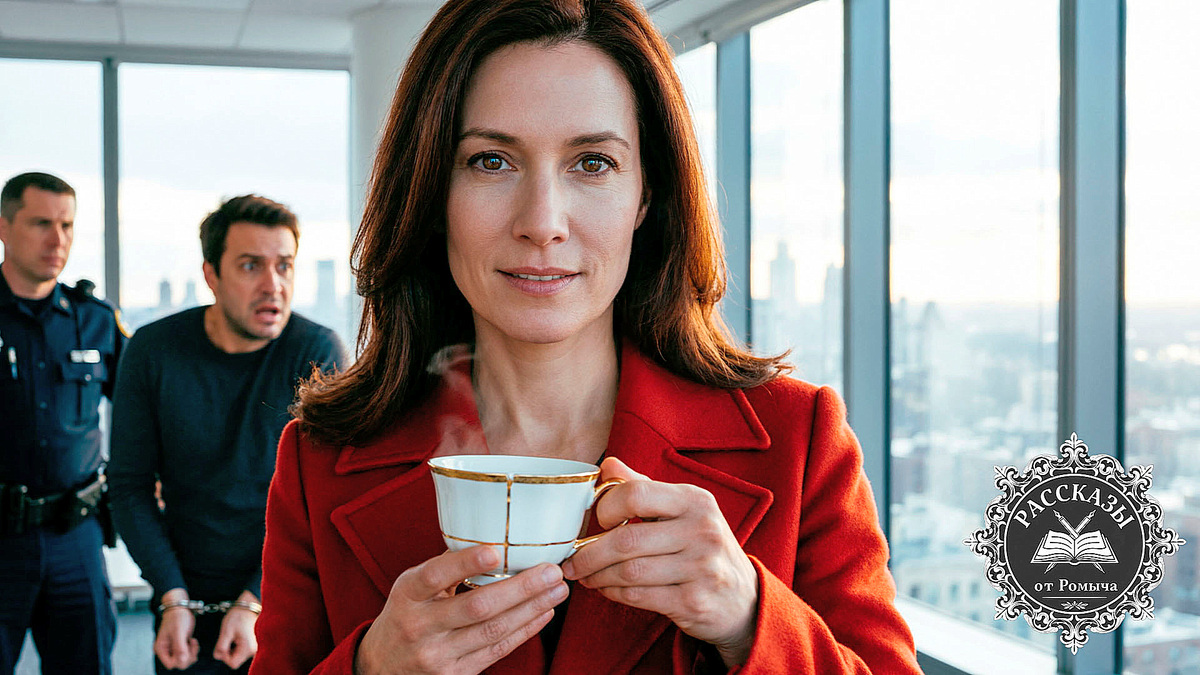 Женщина в красном пальто в офисе держит склеенную чашку, за окном видны дома, в глубине офиса арестовывают мужчину