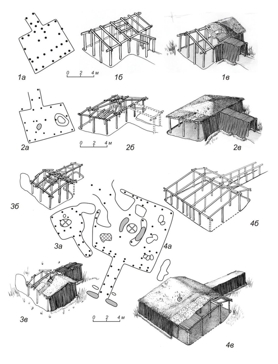 Городище Чудаки. (гороховская культура). План и реконструкция жилищ 1, 3, 8, 9: а—план по материку; б—реконструкция каркаса жилища; в—реконструкция внешнего вида; 1—жилище1; 2—жилище3; 3—жилище9; 4—жилище8.