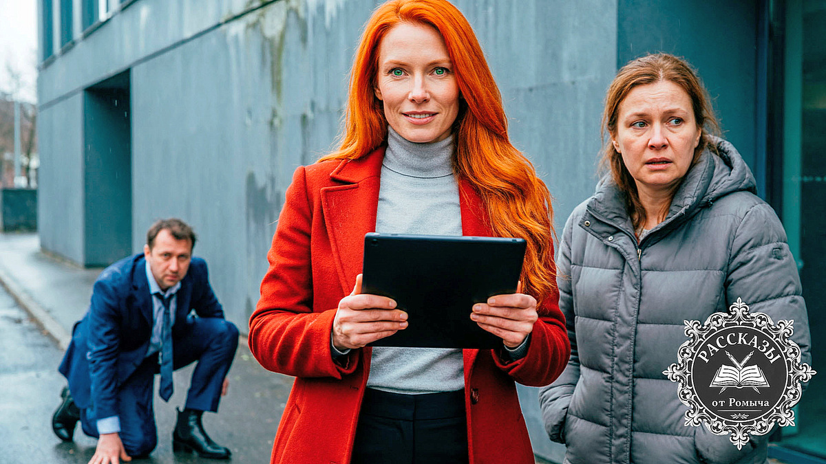 Рыжеволосая женщина в красном пальто фиксирует на планшет крах семейных тайн на фоне городского пейзажа