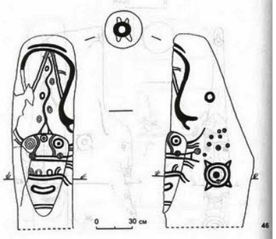 Дракон, звезда и ее спутники. Прорисовка наскального рисунка. Хакасия. Россия.