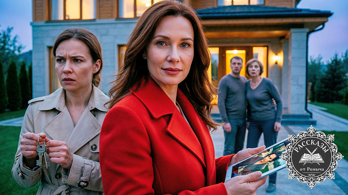 Триумф справедливости: женщина в красном пальто защищает подругу от семьи аферистов на фоне их особняка