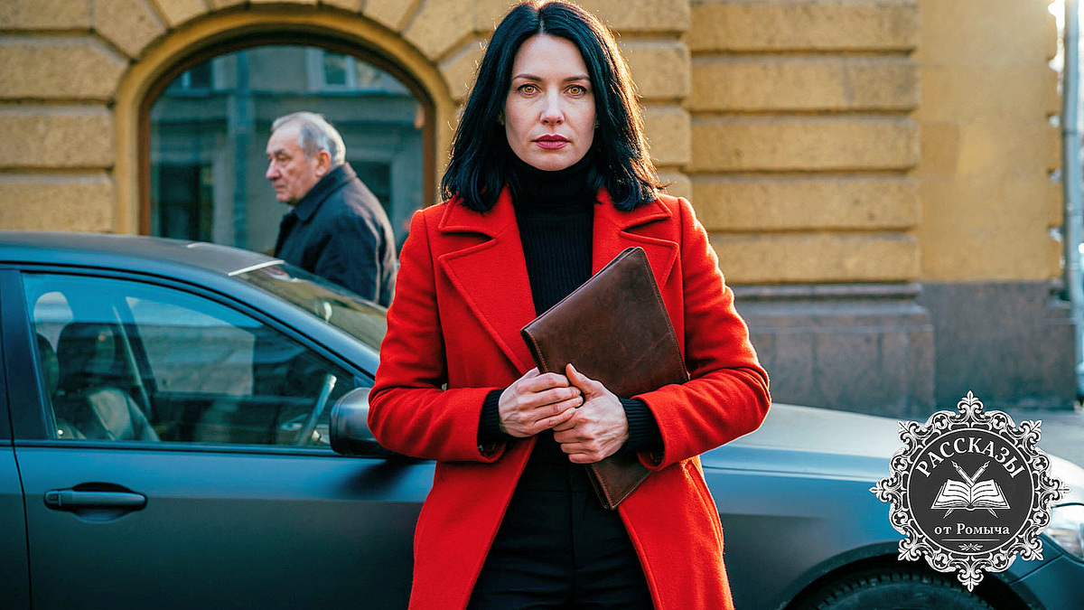 Женщина в красном пальто с документами в руках на фоне машины и силуэта старика