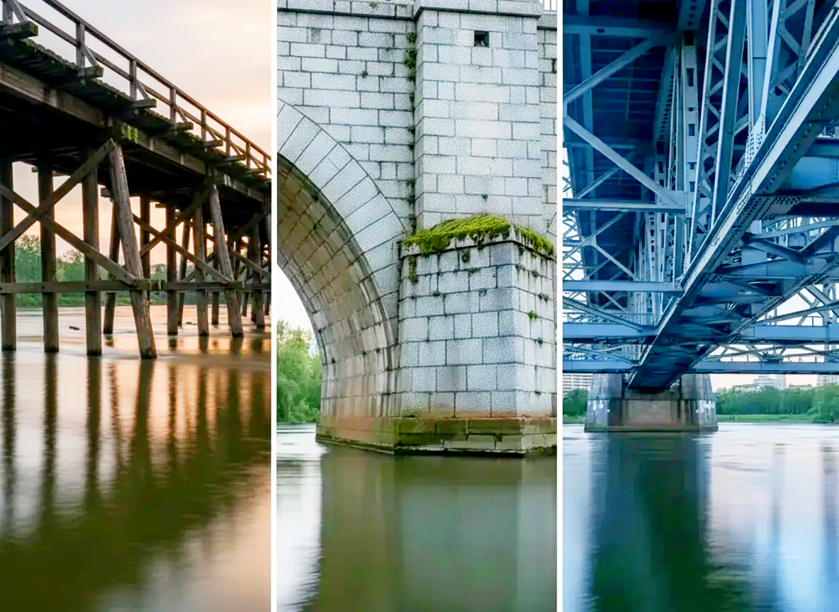 Одна река, три берега, три эпохи. Слева — дерево, которое помнит царя и топор. В центре — камень, видавший разбойников и наводнения. Справа — сталь, которая до сих пор разводит крылья по ночам.