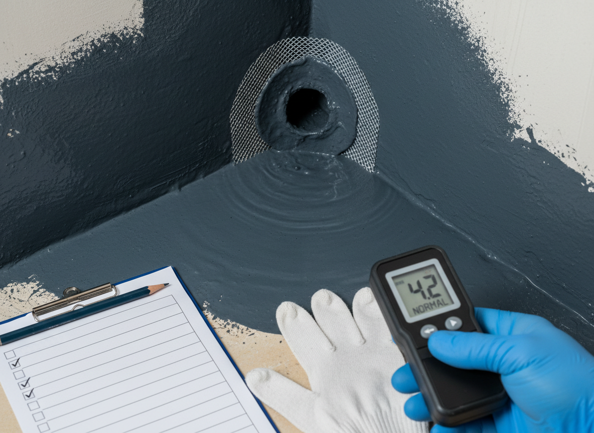 Влагомер показывает 4,2% — сухо. Лента в углу утоплена как надо. Вода на полу стоит и не уходит. Можно класть плитку и спать спокойно. Акт подписан, соседи снизу пока не знакомы.