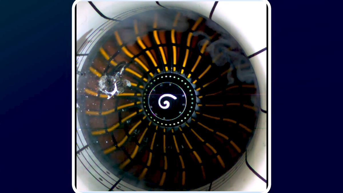 Момент попадания тушки птицы в вентилятор авиадвигателя ПД-8. Кадр из видео испытаний © ОДК