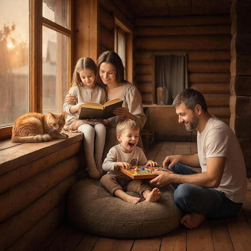 Золотой час, закат.
Семья сидит на широком подоконнике деревенского дома. Мама обнимает дочку, которая уткнулась в книгу. Папа сидит на полу, прислонившись спиной к подоконнику, и играет в настольную игру с сыном, который от смеха вот -вот упадёт с пуфика.
На подоконнике дремлет рыжий кот, поджав лапы. В кадре нет идеального макияжа и поз, но есть свет, который идет изнутри.