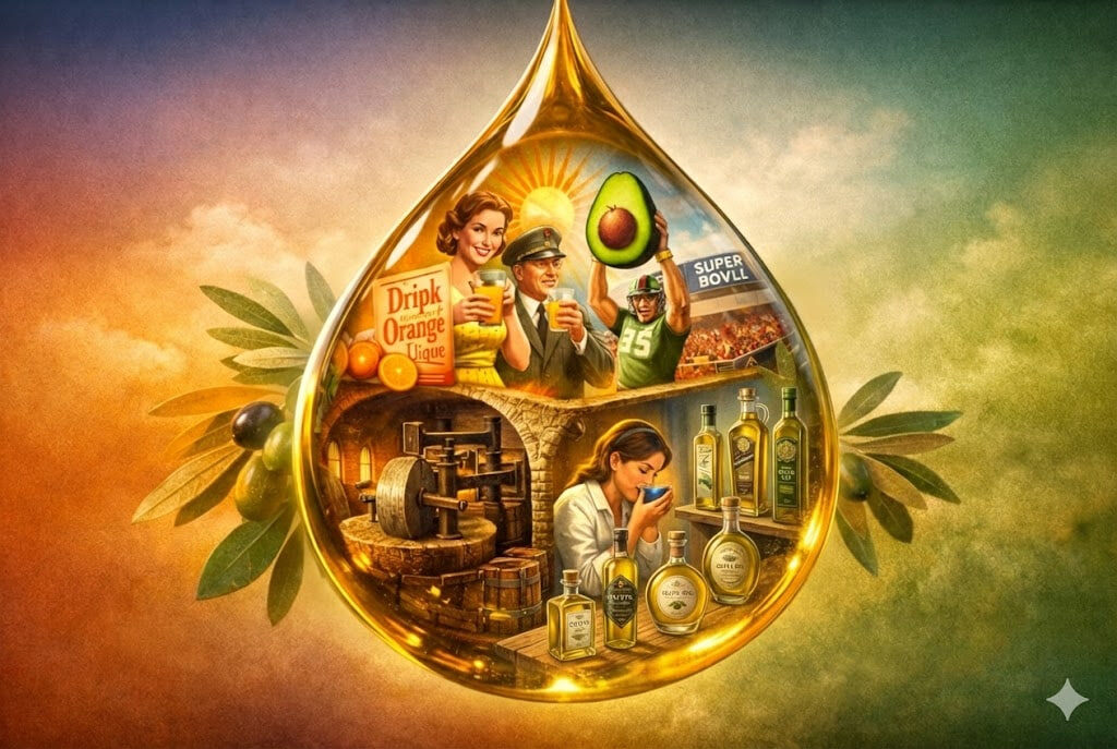 Сюрреалистическая капля оливкового масла с мини-сценами рекламы апельсинов, авокадо и дегустации современного оливкового масла внутри.