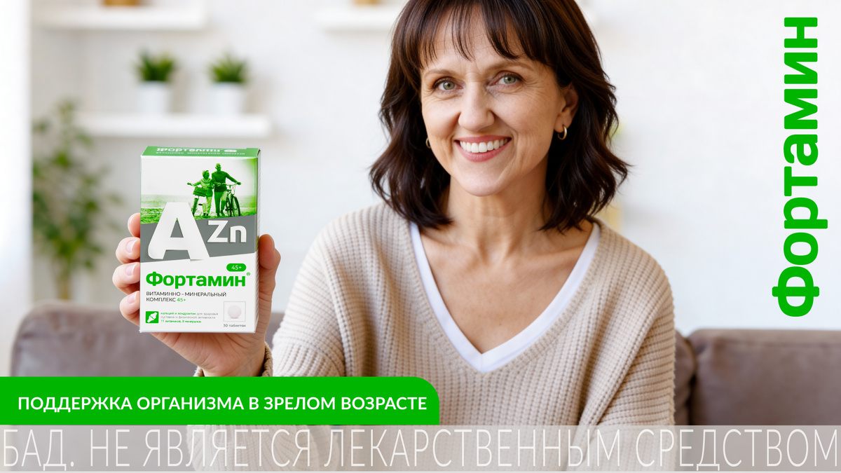Фортамин® 45+ — комплекс 11 витаминов и 8 микроэлементов, дополненный компонентами для поддержки суставов и зрения.