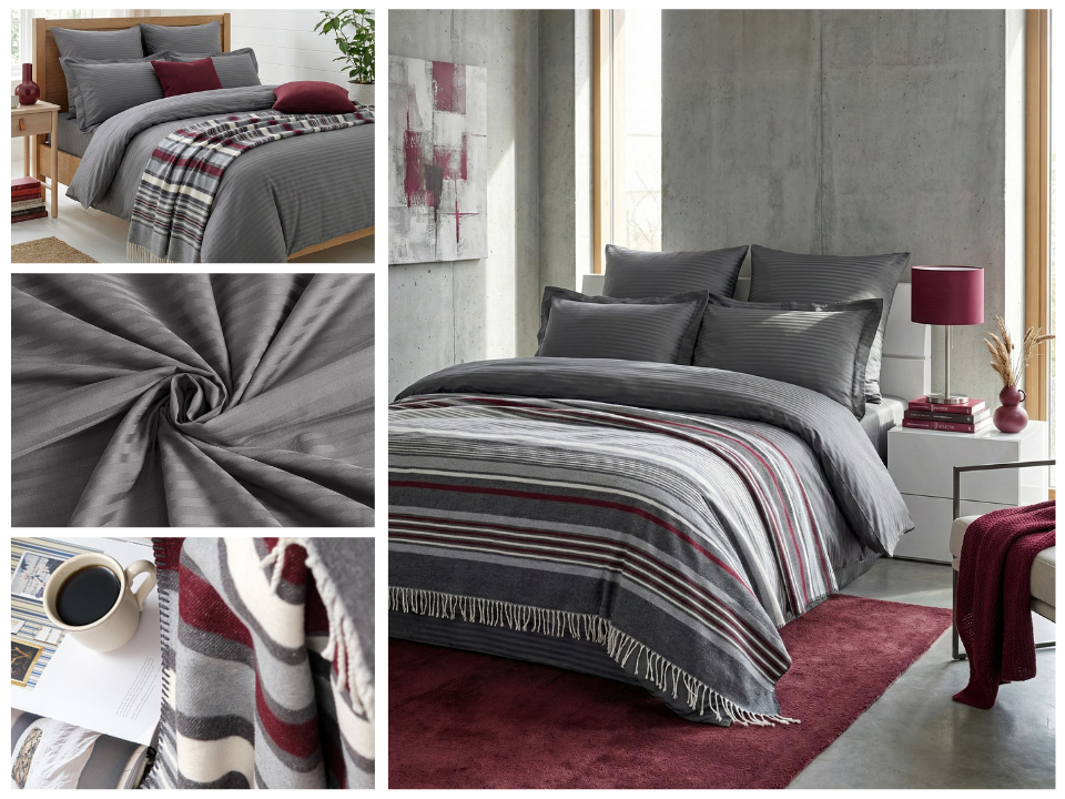 Постельное белье «STRIPE» сатин евро, цвет серый — OZON арт. 269850217 и WB арт. 16209445 | Плед «ENIGMA» двухсторонний 200х220 см, 60% хлопок 40 % акрил — OZON арт. 1164246891 и WB арт. 175732521.