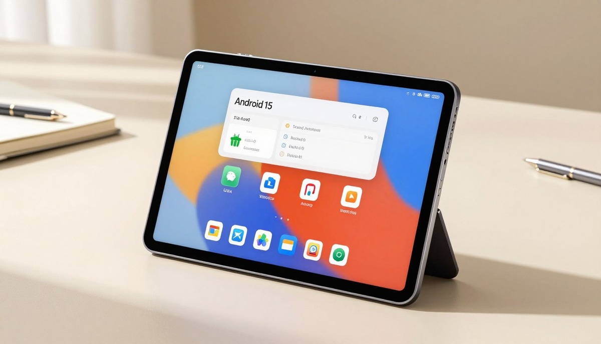 Современный и элегантный планшет Xiaomi Pad 2, представленный на переднем плане, демонстрирует свой 11-дюймовый экран и элегантный дизайн. Яркий дисплей планшета демонстрирует интерфейс Android 15 с красочными значками приложений и удобной компоновкой. На фоне чистого рабочего стола в минималистичном стиле с такими незаметными элементами, как блокнот и стильная ручка, создается впечатление профессионального рабочего места. Мягкое естественное освещение, проникающее через соседнее окно, отбрасывает мягкие тени и создает теплую атмосферу. Делайте снимок под небольшим углом, чтобы подчеркнуть особенности планшета, акцентируя внимание на его гладком профиле и экране с высоким разрешением, что создает ощущение современных технологий и производительности.