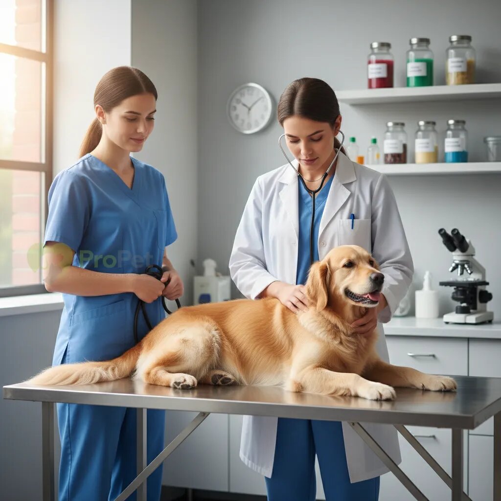 Ветеринар осматривает спокойную собаку на столе