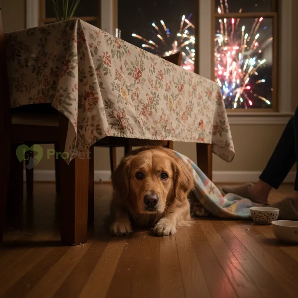Собака испуганно прячется под столом во время фейерверков