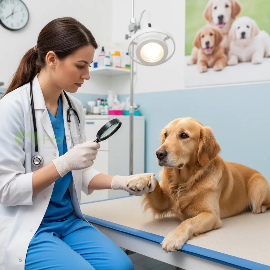 Ветеринар осматривает лапу собаки