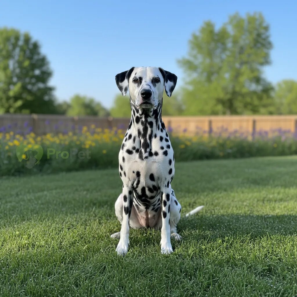 Собака породы далматин сидит на зеленой траве