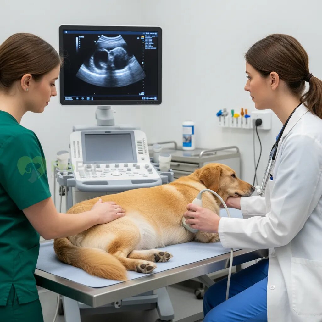 Ветеринар проводит ультразвуковое исследование мочевого пузыря собаки