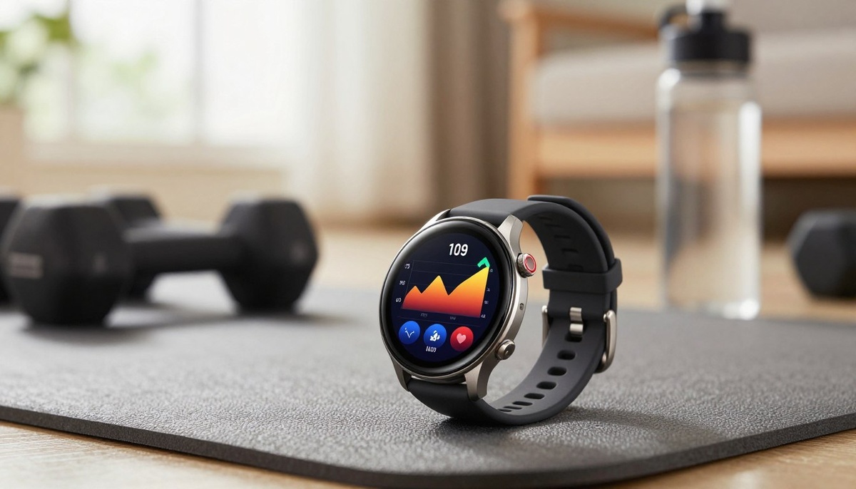 Крупным планом представлены часы Xiaomi Watch 5 Active с ярким экраном, демонстрирующим интерфейс мониторинга активности, который содержит красочные графики и показатели здоровья, такие как частота сердечных сокращений и пройденные шаги. На переднем плане изящные, современные часы покоятся на коврике для фитнеса в окружении аксессуаров для тренировок, таких как гантели и бутылка с водой, что говорит об активном образе жизни. Середина плавно переходит в теплое, уютное жилое пространство с естественным освещением, проникающим через окно, создавая мотивирующую атмосферу. Общее настроение - энергичное и сосредоточенное, что подчеркивает инновационную технологию часов. Изображение должно быть хорошо освещено, с небольшой глубиной резкости, что подчеркивало бы часы, сохраняя при этом четкую и организованную композицию.