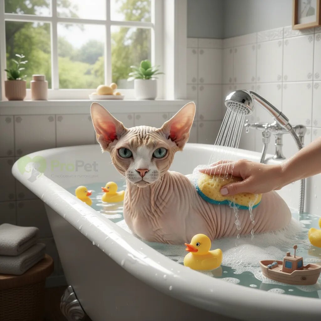Сфинкс в ванной во время купания