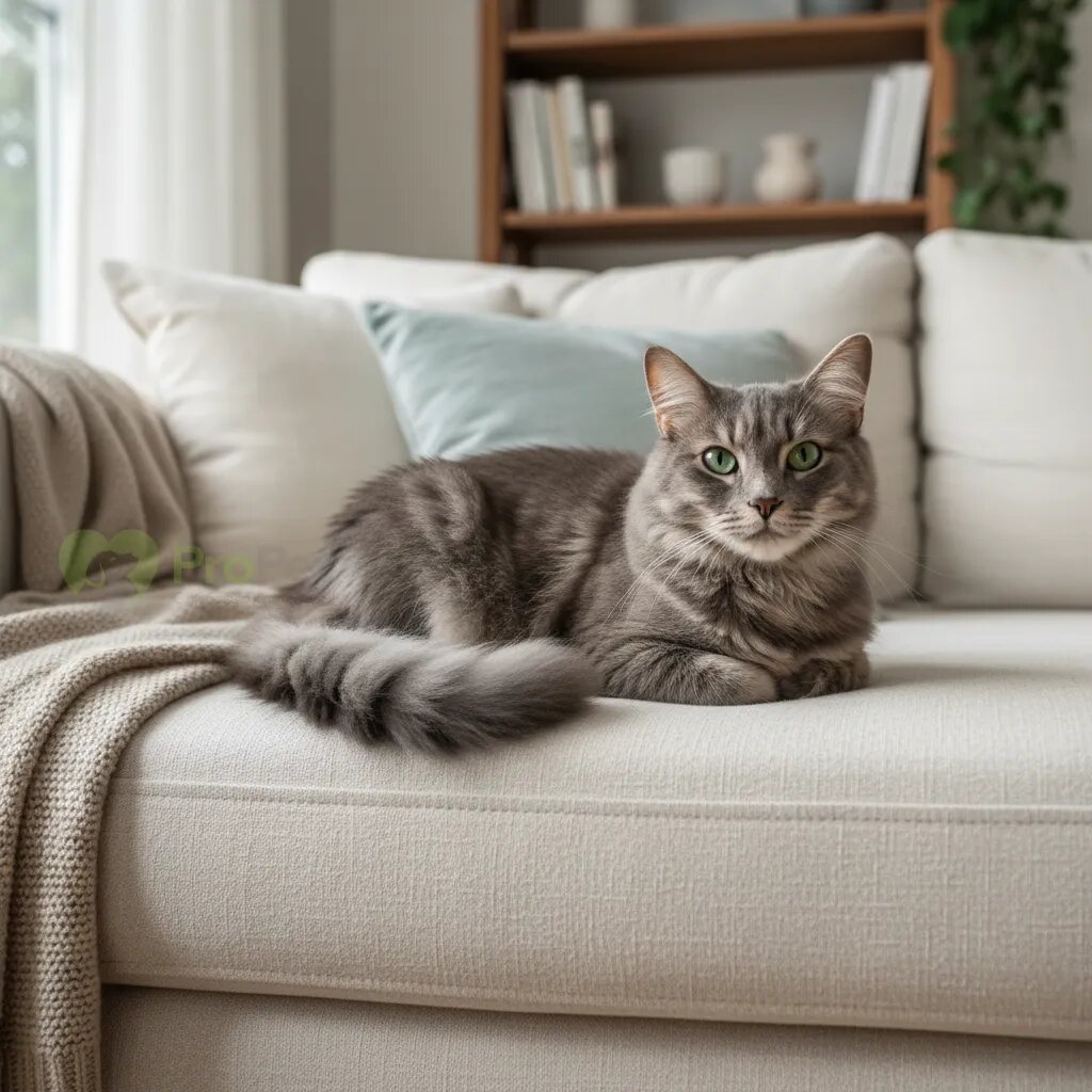 Спокойная кошка серого окраса лежит на светлом диване, глядя в камеру.