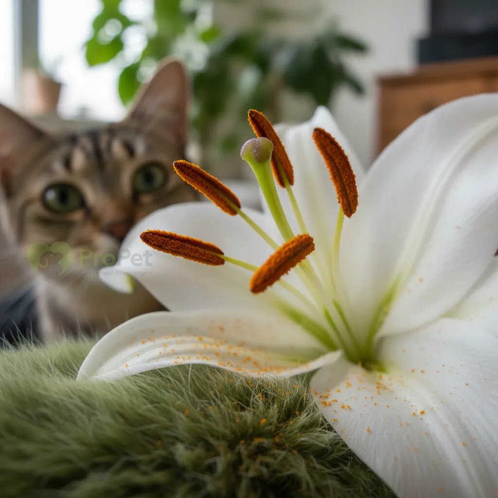 Крупный план цветка лилии, подчеркивающий ее потенциальную опасность для кошек.