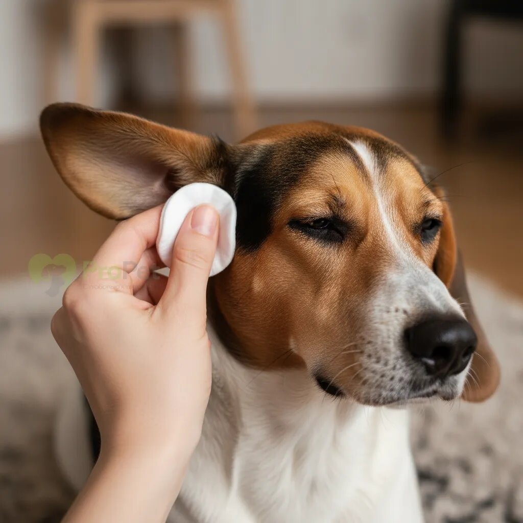 Рука хозяина чистит ухо эстонской гончей ватным диском