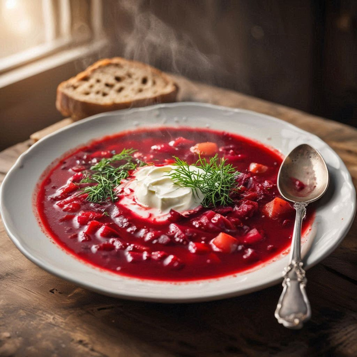 Тарелка густого красного борща со сметаной и укропом