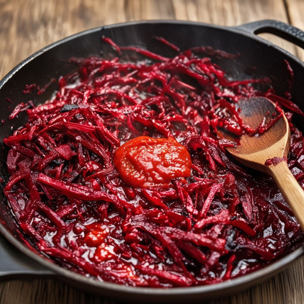 Свёкла тушится на сковороде с томатной пастой