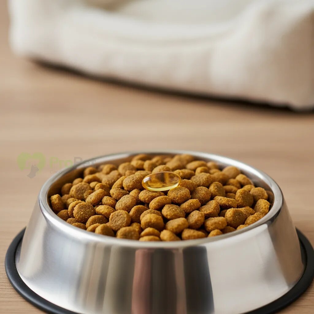 Миска с сухим кормом и капсулой рыбьего жира