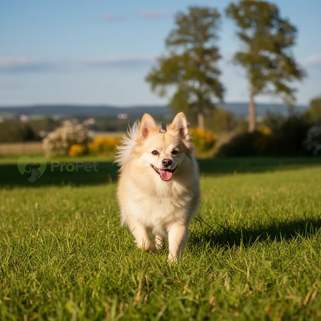 Счастливый немецкий шпиц (средний) на траве