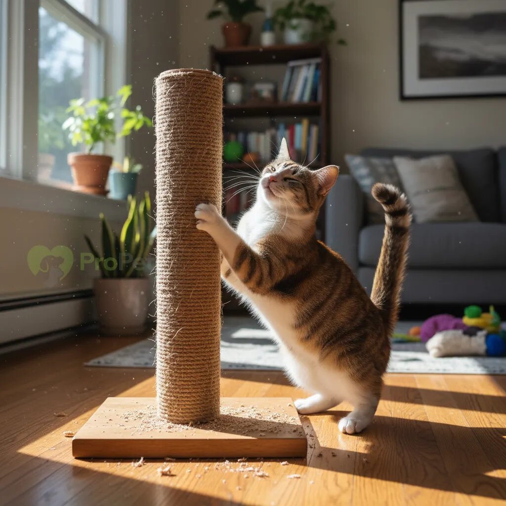 Довольная кошка точит когти о самодельную когтеточку-столбик.