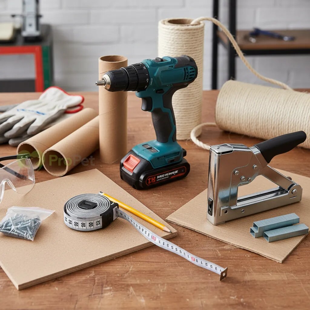 Инструменты для сборки когтеточки - шуруповерт, рулетка, степлер.