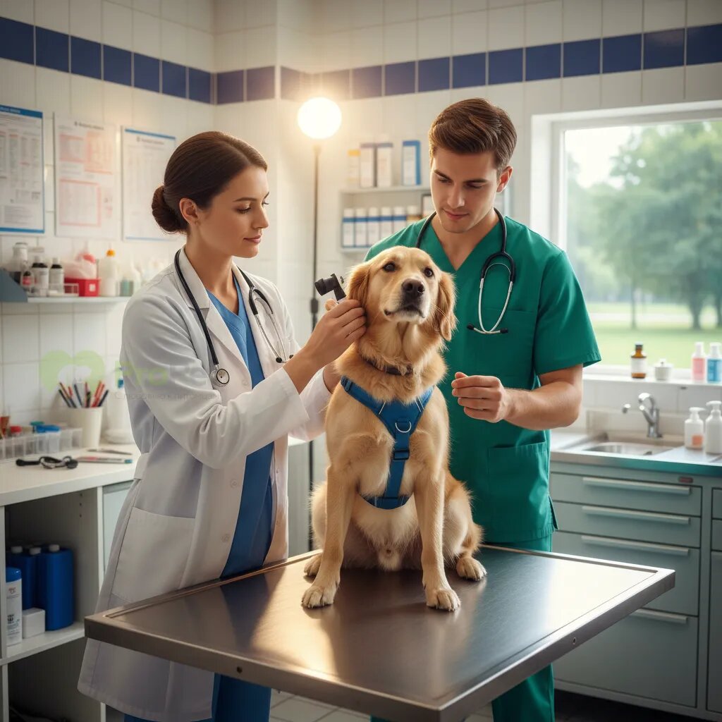 Ветеринар осматривает собаку на столе в клинике