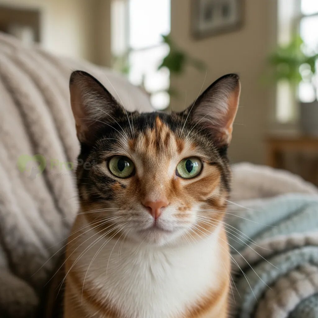 Спокойная кошка смотрит в камеру