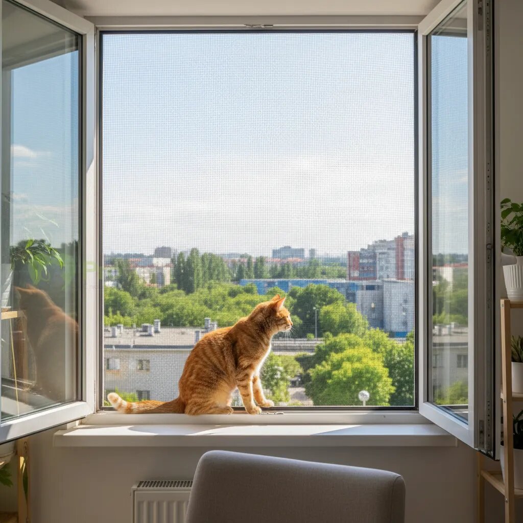 Окно в квартире с защитной сеткой-антикошкой