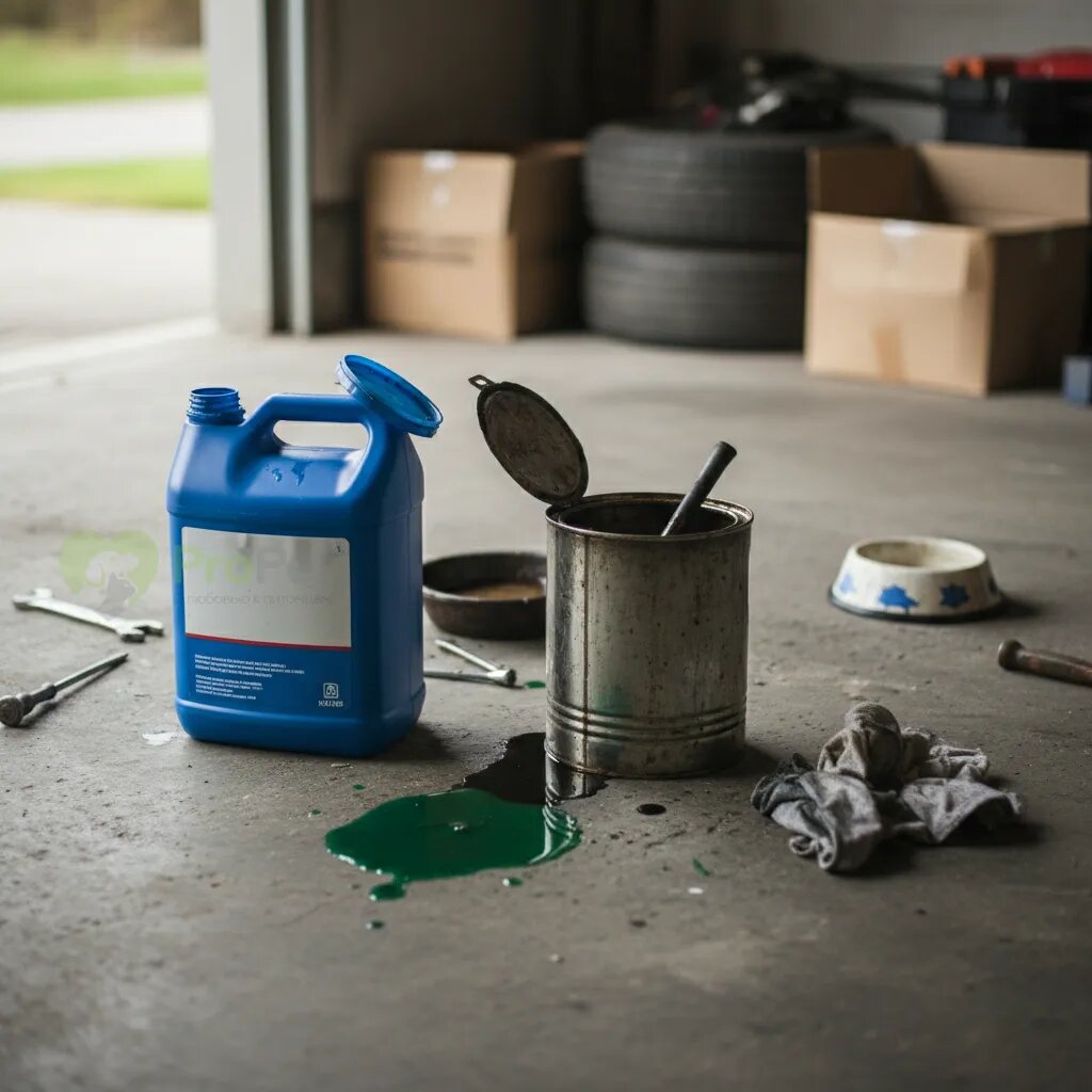Открытые канистры с антифризом и маслом в гараже.