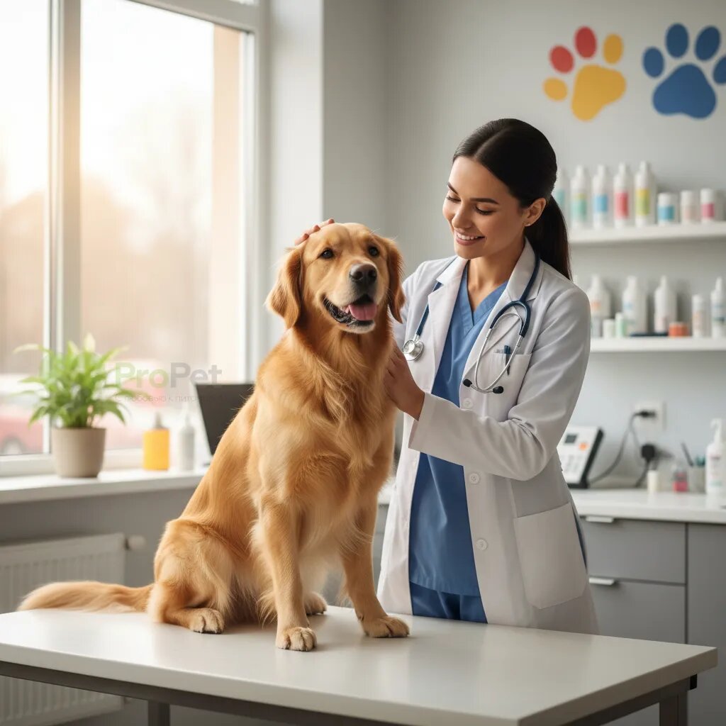 Собака породы золотистый ретривер сидит рядом с ветеринарным врачом в клинике