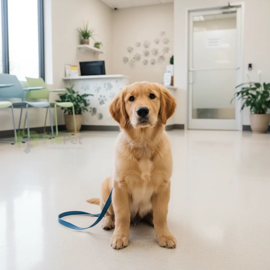 Щенок сидит на полу в ветеринарной клинике, глядя в камеру