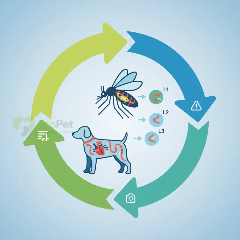 Схематическое изображение жизненного цикла сердечного червя