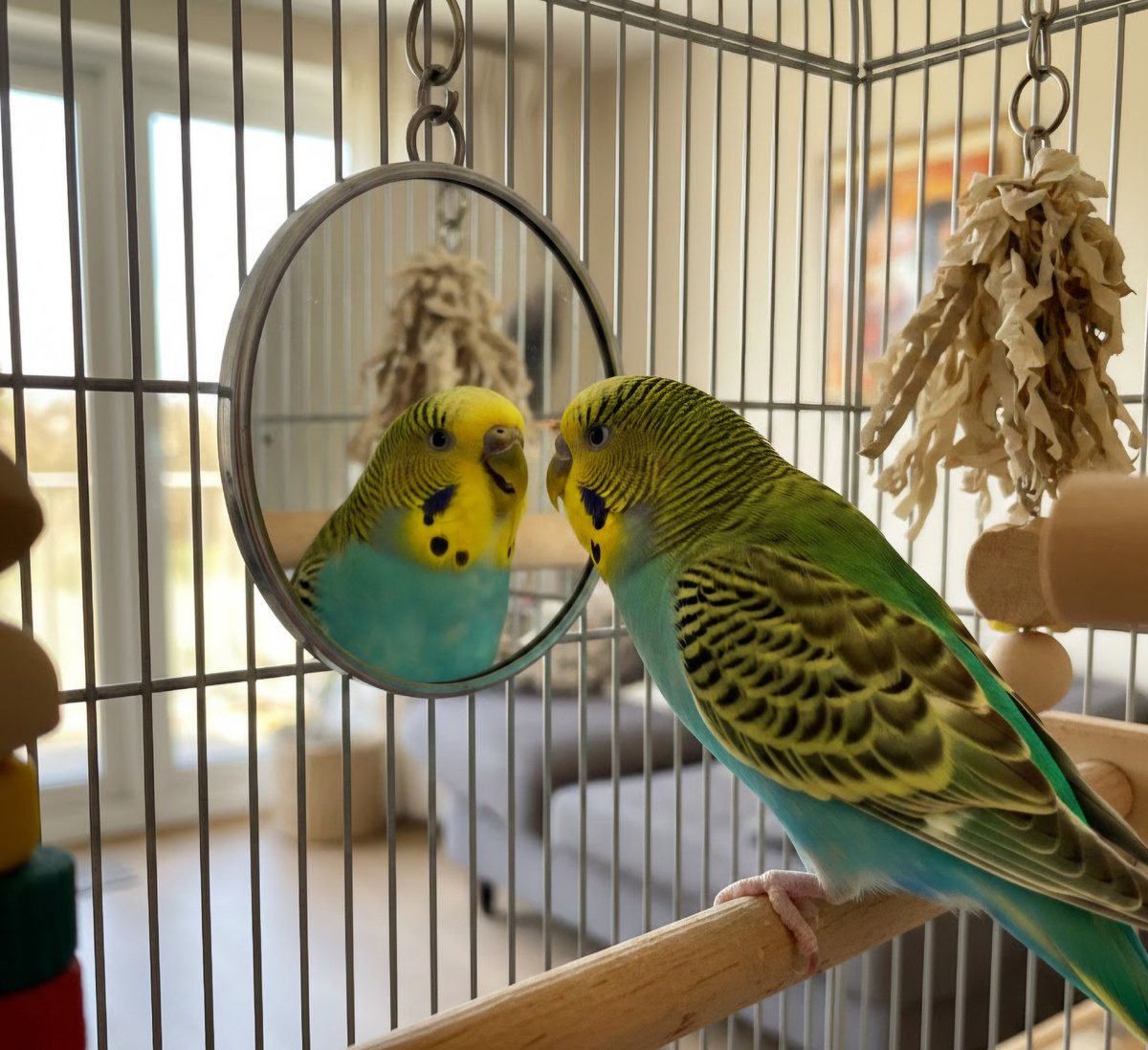 Волнистый попугай и зеркало