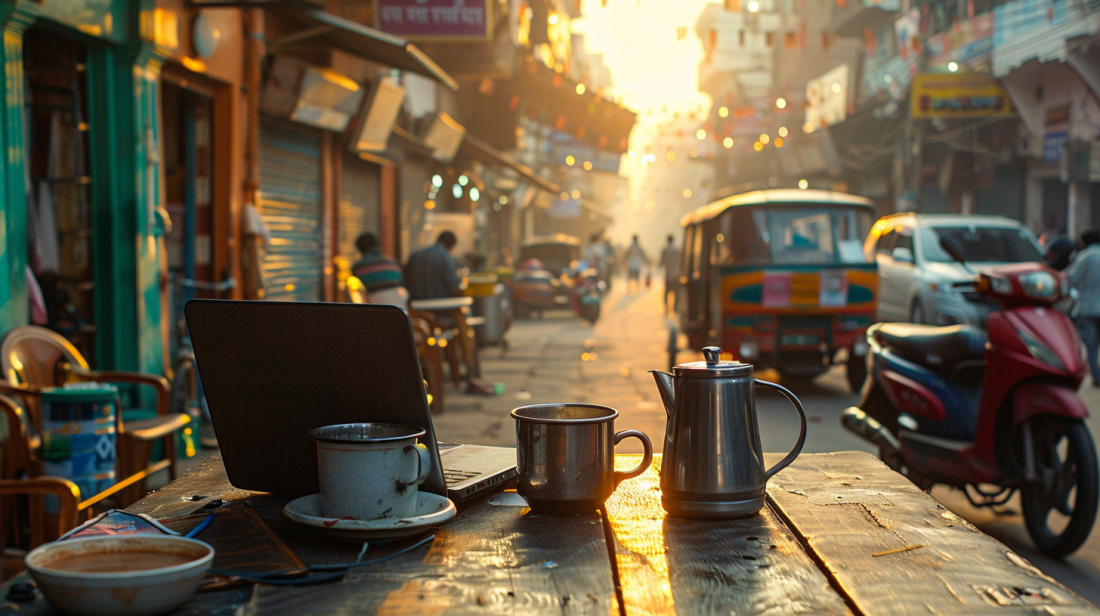 Рабочее место номада: ноутбук, чайник, тук-тук и ни одного опенспейса.