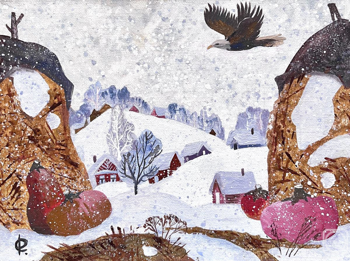 © Елена Косарькова. Над белой зимой. Холст, масло. 18 x 24см. 2023 г.