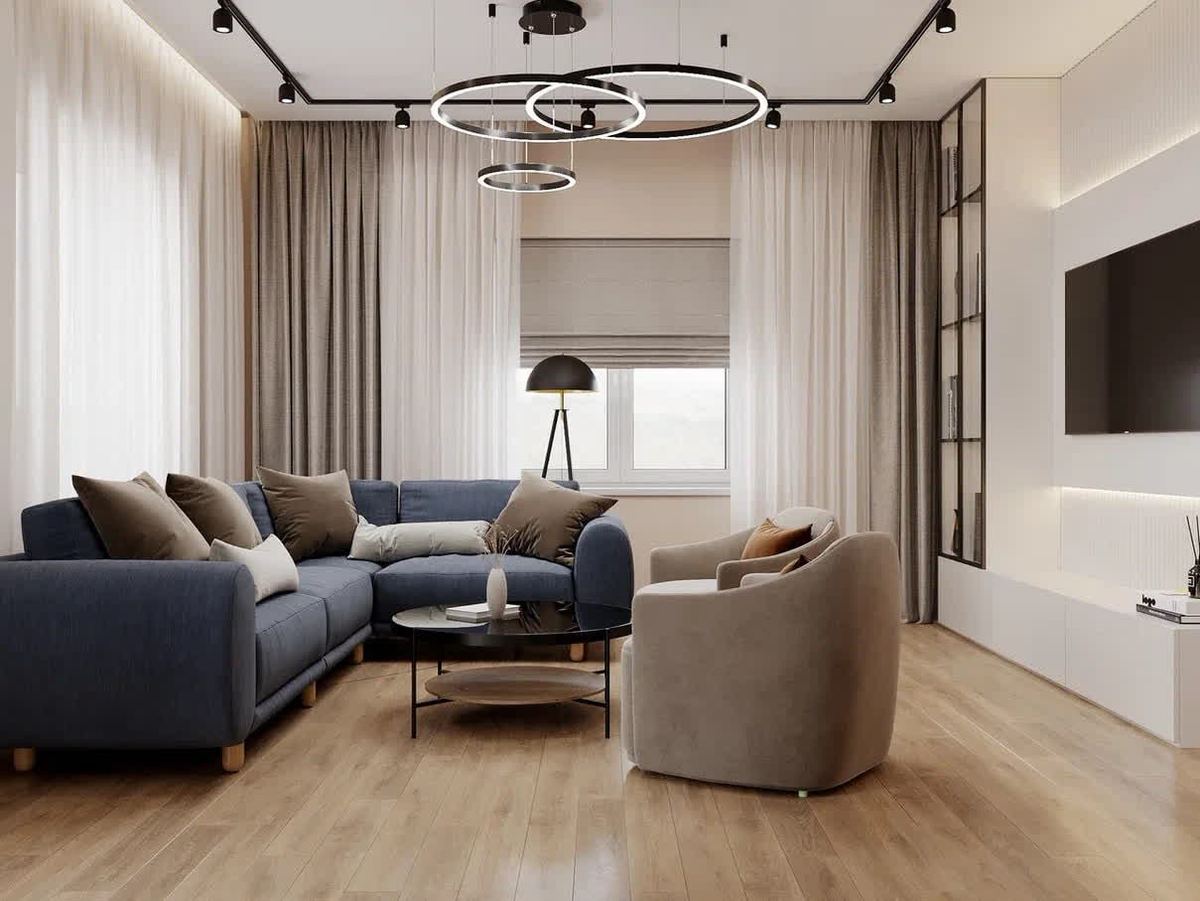 Гостиная, 3-комнатный коттедж,148 м². Дизайн и ремонт Domeo.