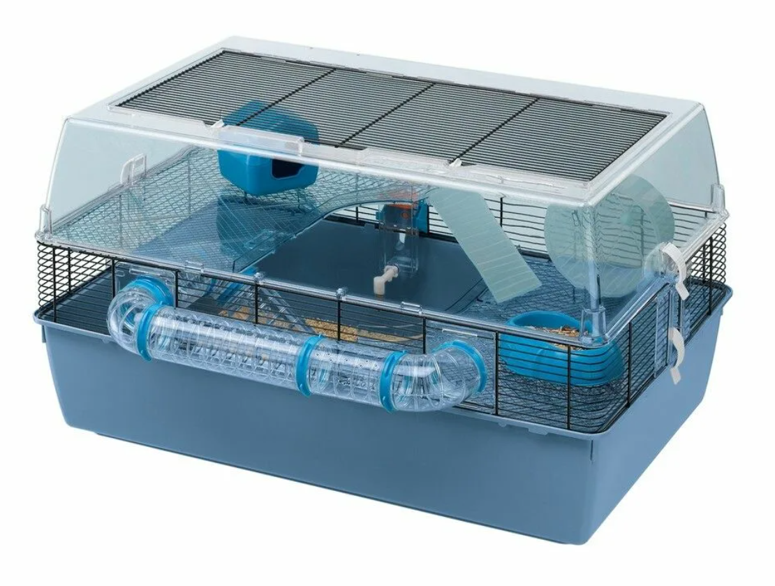 Клетка Ferplast Duna Fun Large 71,5*46*41 см. Колесо и домик подлежат замене на подходящие для сирийского хомячка размерам. Трубы лучше убрать, как и верхний этаж.