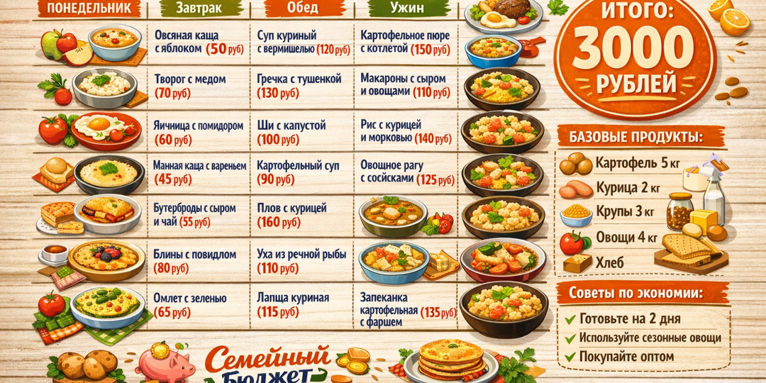 🍽️ МЕНЮ НА НЕДЕЛЮ ЗА 3000 РУБЛЕЙ: РЕАЛЬНО И ВКУСНО!