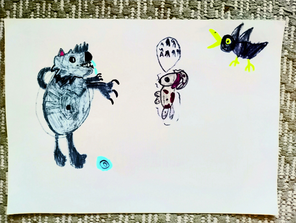 "Голодный волк и испуганный заяц", рисунок Лидии. Бумага, цветные фломастеры. 