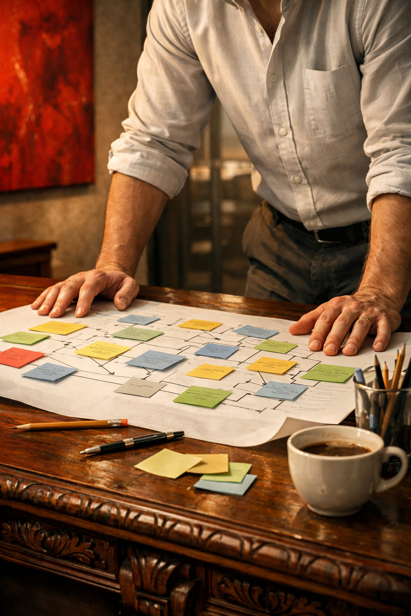 Стратегия на ватмане оживает, руки формируют будущую архитектуру движения.