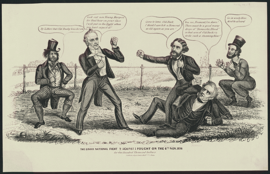 Карикатура на выборы 1856 года. Джеймс Бьюкенен против Джона Фримонта и Милларда Филлмора