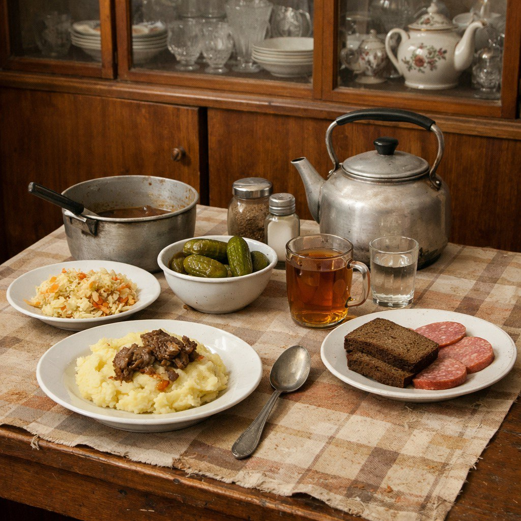 Вот картинка, которая изображает обычный обед в СССР. Возможно, немного утрировано, но я знаю, что так тоже было.