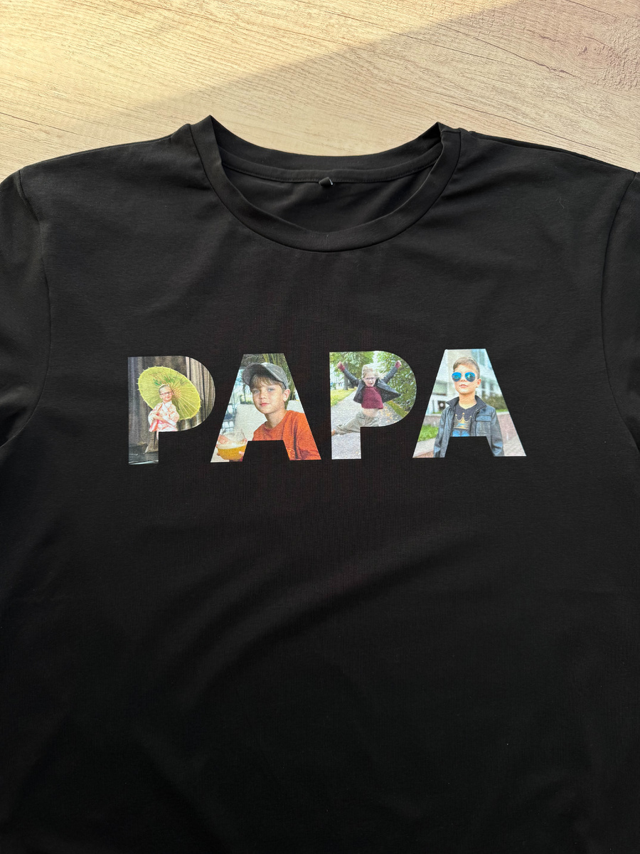 Популярный принт на футболке PAPA, с фотографиями внутри принта